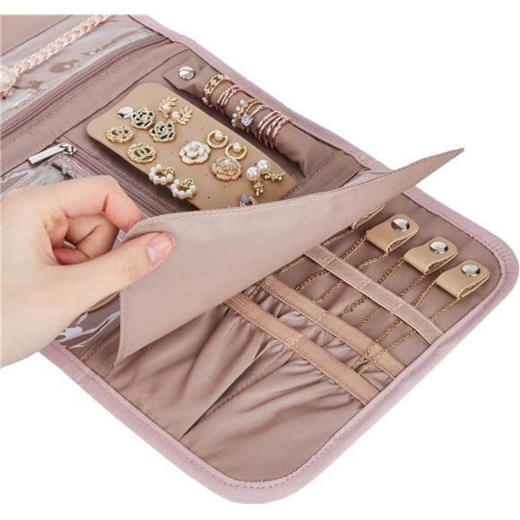 Travel Jewelry Case Organizer Foldable Jewelry Roll Storage Bag Pink for Earring - Picture 6 of 7